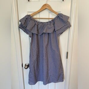 Tommy Hilfiger Navy blue and white gingham ruffle off the shoulder dress
